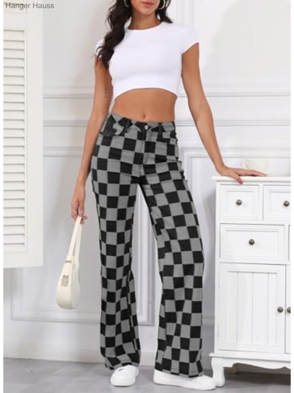 High Waisted Wide Leg Checkered Denim Jeans Stretch Straight Leg Pants - Picture 4 of 6